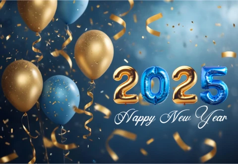 Festive Blue and Golden Balloons Ornaments Happy New Year 2025 Design Template