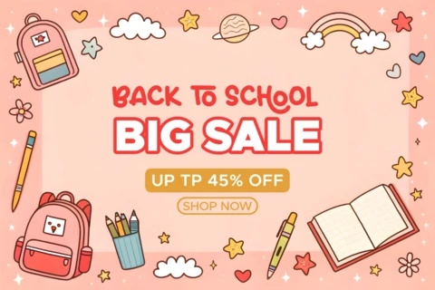 Template de design para venda de volta às aulas com mochila fofa e material escolar para panfletos promocionais.