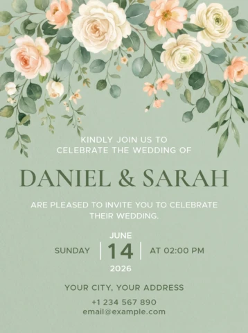 Elegant Sage Green Floral Wedding Invitation Card Template with Watercolor Rose Bouquet and Botanical Design