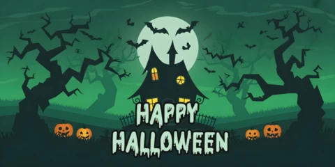 Template di design per copertina di YouTube con casa infestata di Halloween, finestre luminose, luna piena e alberi contorti.