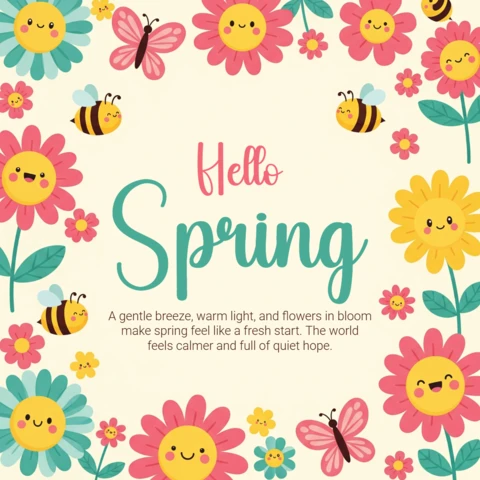 Smiling Flowers, Bees, and Cheerful Seasonal With Typography Spring Greeting Card Design Template