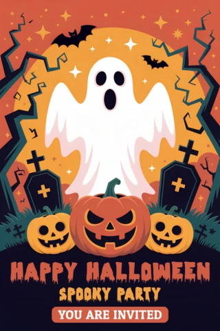 Spooky Halloween Party Invitation Template with Ghost and Pumpkin Design