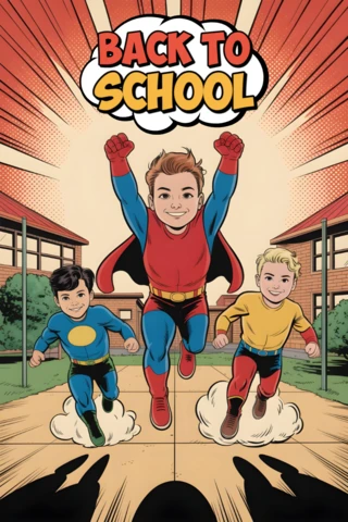 De volta às aulas, três estudantes super-heróis correndo em direção ao espectador com um design de pôster em estilo de quadrinhos.