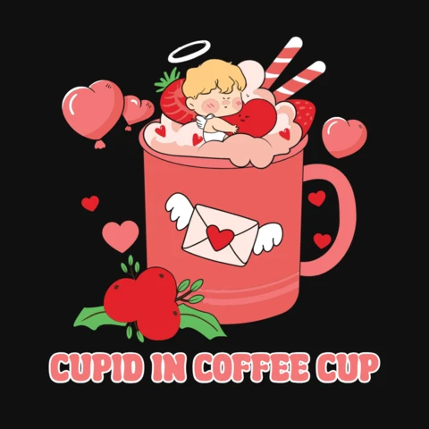 Cute Cupid In Coffee Cup Valentine's T-Shirt Design