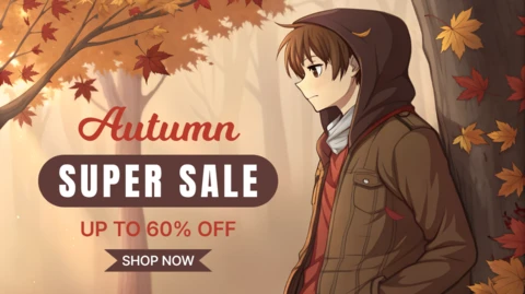 キャラクターイラストを使用した秋のセールデザインテンプレート、プロモーションフライヤー用