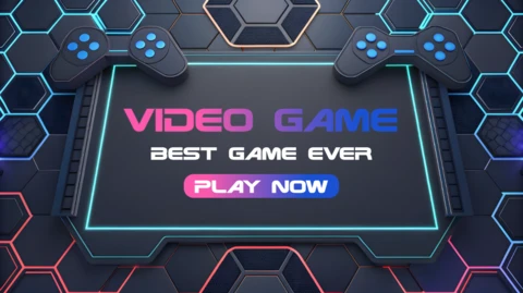 Oyun kontrol cihazları ve neon altıgen arka plan ile video oyunu tasarım şablonu