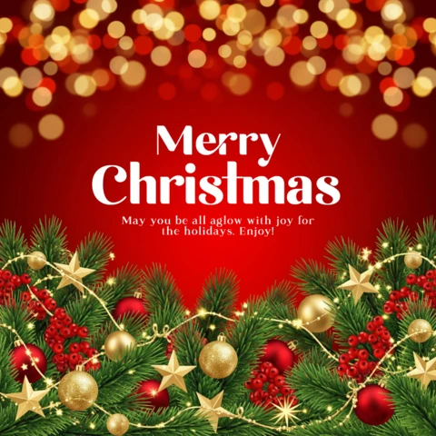 Frohe Weihnachten Tannengirlande mit goldenen Sternen und roten Kugeln, umrahmt von frohen Weihnachtsgrüßen und warmen Wünschen, Designvorlage.