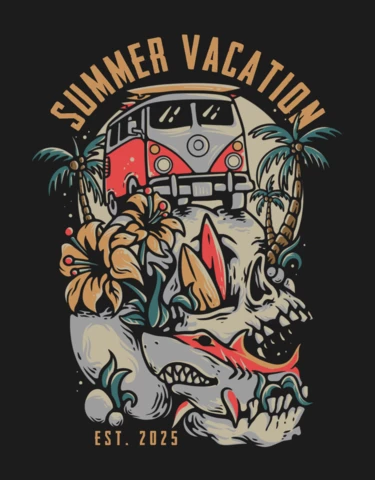 Summer Vacation Skull Vintage T-shirt Design Template