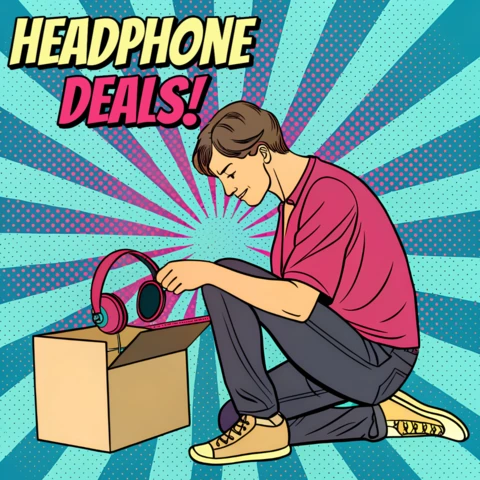 Modelo de design de pop art para folheto promocional de ofertas de fones de ouvido