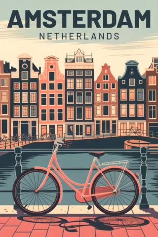Vintage Amsterdam Bicycle Illustration for Retro Flat Poster Art Template