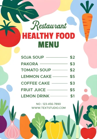 Plantilla de diseño de menú de verduras coloridas para restaurantes de comida saludable