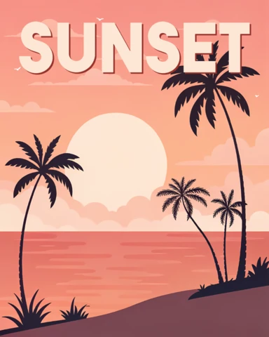 Modèle de carte postale tropicale de plage au coucher de soleil californien en design rétro plat