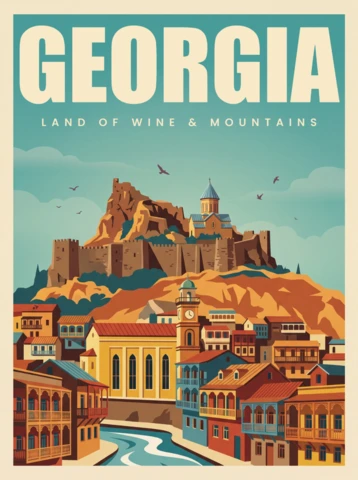 Vintage Retro Georgia Travel Wall Art Print Land of Wine and Mountains Poster Scenic Cityscape River Valley Historic Buildings Adventure Landscape