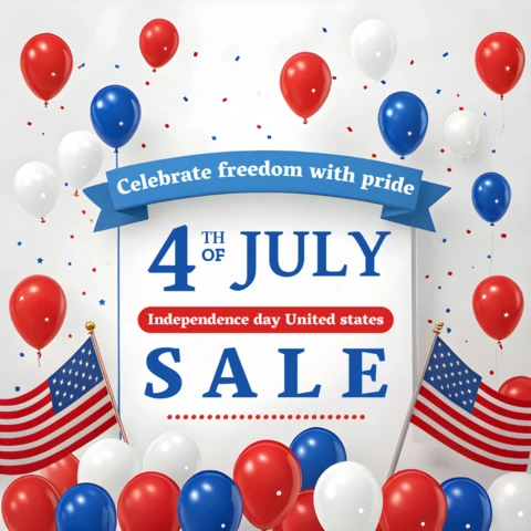 4th of July Party Sale Design Template with Balloons and American Flags