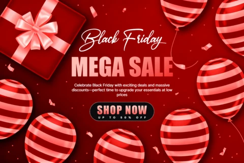 Modèle de vente festive du Black Friday avec un design de boîte-cadeau et de ballons rayés pour des flyers promotionnels