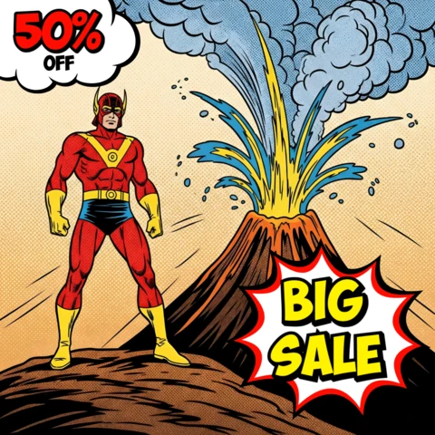Plantilla de diseño de cómic de venta de superhéroes en escena de volcán con estallido de estrella rojo-amarillo para volantes promocionales.