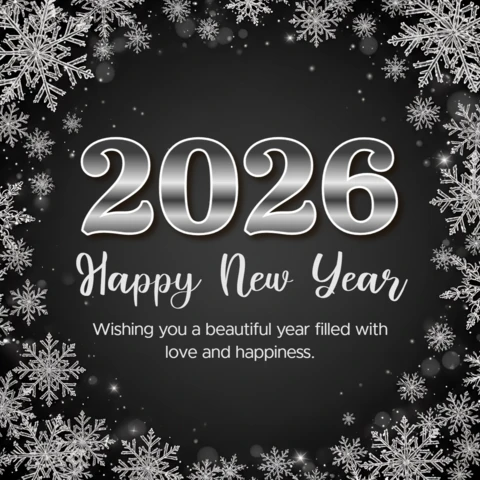 New Year Celebration Template with Silver Snowflakes Design for Greeting Cards