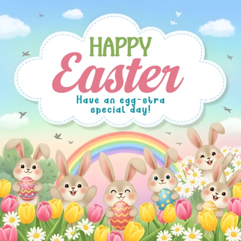 Design de cartaz de Páscoa feliz — seis coelhos com ovos, arco-íris, tulipas, margaridas e arte festiva alegre