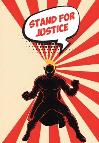 Plantéate por la justicia, silueta de héroe con halo radiante y diseño de cartel con explosión de cómic.