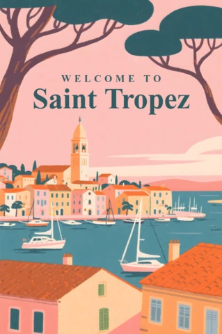 Bienvenue à Saint-Tropez, design rétro à plat pour des affiches imprimables dans des tons de rose.