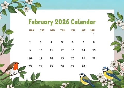 Plantilla de calendario con diseño de pájaros florales para febrero de 2026