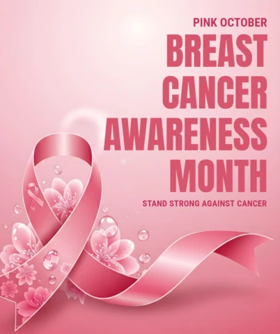 Support & Hope Breast Cancer Heart Ribbon with Floral Touches for Awareness Month Poster Design Template