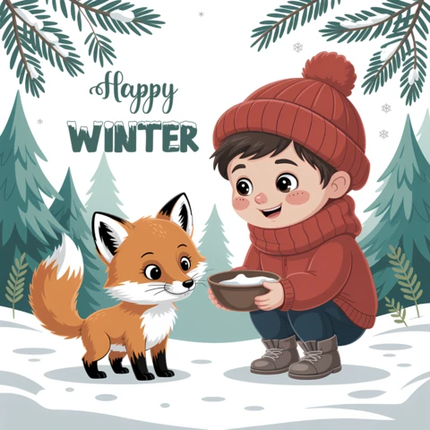 Winter Wonderland Design Template Featuring Cute Fox and Child for Greeting Cards