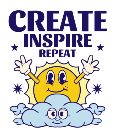 Crea, inspira, repite ilustración motivacional de sol y nube para plantilla de diseño de camiseta de creatividad.