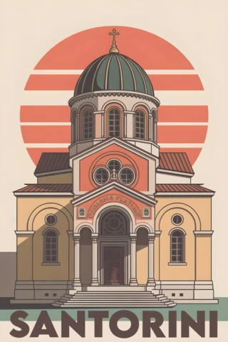 Kubbe çatılı kilise, kemerler ve cesur güneş Santorini seyahat posterleri tasarım şablonu