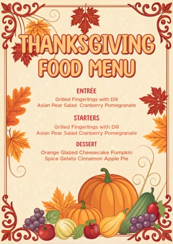 Modelo de design de menu de Ação de Graças com folhas de outono e abóbora para eventos de feriado