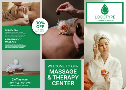 Elegant Spa Therapy Center Brochure Template Design with Relaxing Massage Imagery
