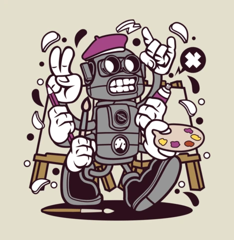 Painter Robot Cartoon Character T-shirt Design Template