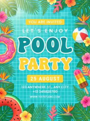 Summer Pool Party Invitation Flyer with Flamingo Float and Tropical Beach Elements