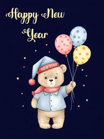 Editable New Year Bear Design Template for Greeting Cards