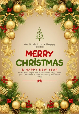 Festliche Weihnachtskarte mit dekorativem Rand aus Kugeln, Sternen, Bändern und saisonalen Akzenten.