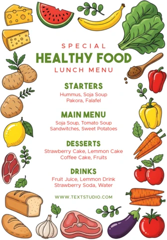 Healthy Food Menu Design Template with Colorful Illustrations for Restaurant Flyers