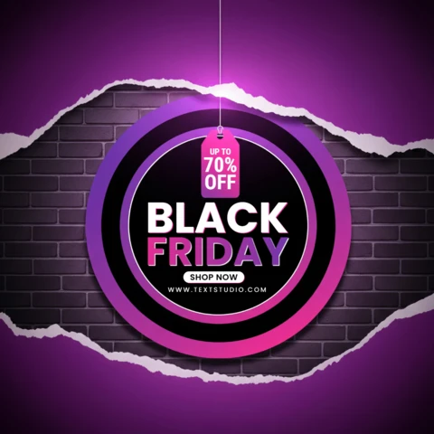 Plakat Black Friday z purpurowym i różowym gradientem, okrąg z podartym papierem i świecącym komunikatem o wyprzedaży, szablon projektu promocyjnego.
