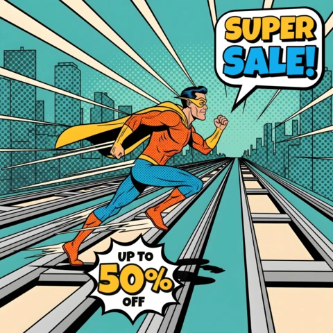 Plantilla de venta de cómic estilo superhéroe de ciudad con diseño de vías de tren para volantes promocionales