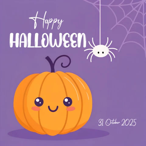 Vrolijk Halloween met kawaii pompoen voor schattige paarse wenskaarten sjabloon