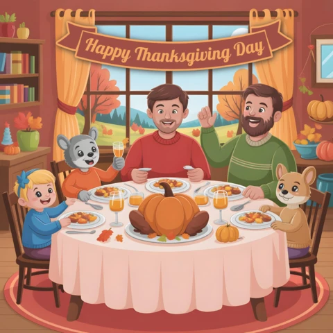 Cartão de saudação de Ação de Graças, cartoon de família e amigos animais compartilhando um banquete com decoração de abóbora e vista de outono na janela, modelo de design de banner.