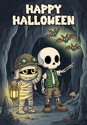 Halloween Cartoon Skeleton & Mummy in Spooky Cave with Bats & Glowing Lantern Design Template for Festive Flyers