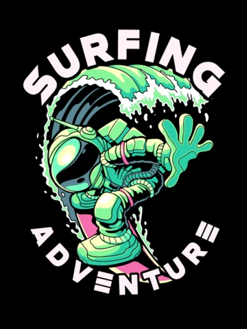 Surfen abenteuer mit astronaut surfbrett t-shirt design vorlage