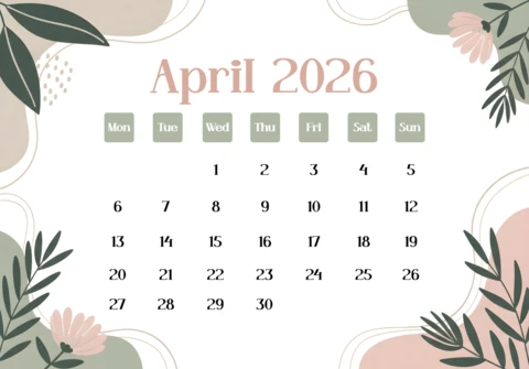 April 2026 Calendar Poster — Pastel Blossoms, Green Leaves, Dew Drops, and Decorative Floral Border Theme