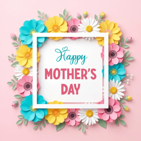 Floral Mother's Day Greeting Card Template Design with Colorful Paper Flowers