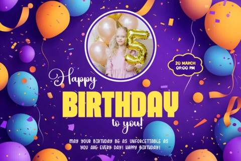 Modelo de cartão de feliz aniversário com balões roxos