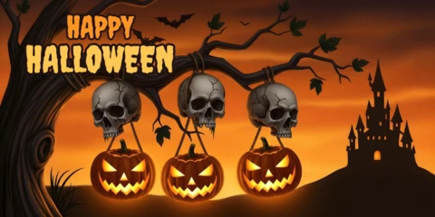 Copertura di design per YouTube con teschi di Halloween, zucche, corde appese e scena di foresta gotica