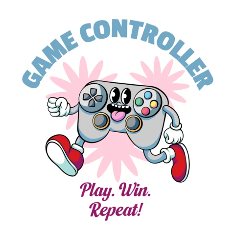 ¡Juega, gana, repite! plantilla de diseño de camiseta de personaje de controlador de juego energético
