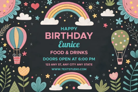 Whimsical Birthday Party Invitation Template Design with Colorful Balloons and Rainbows
