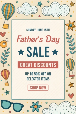 Whimsical Father's Day Sale Template Design with Hot Air Balloons and Floral Accents