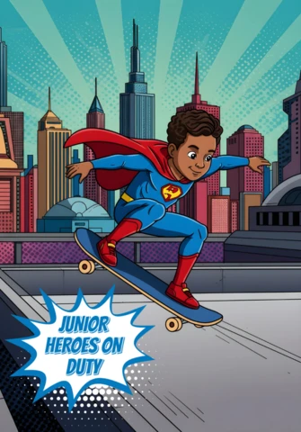 Junior Heroes On Duty Skateboarding Superkid in Cityscape Poster Design Template